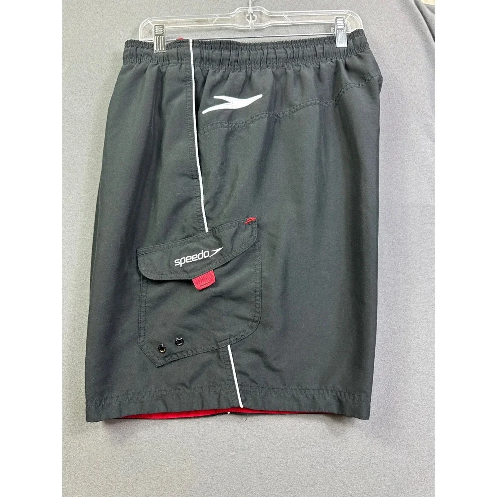 Speedo Men's Swim‎ Trunks Black Board Shorts Cargo Pocket White Piping XXL